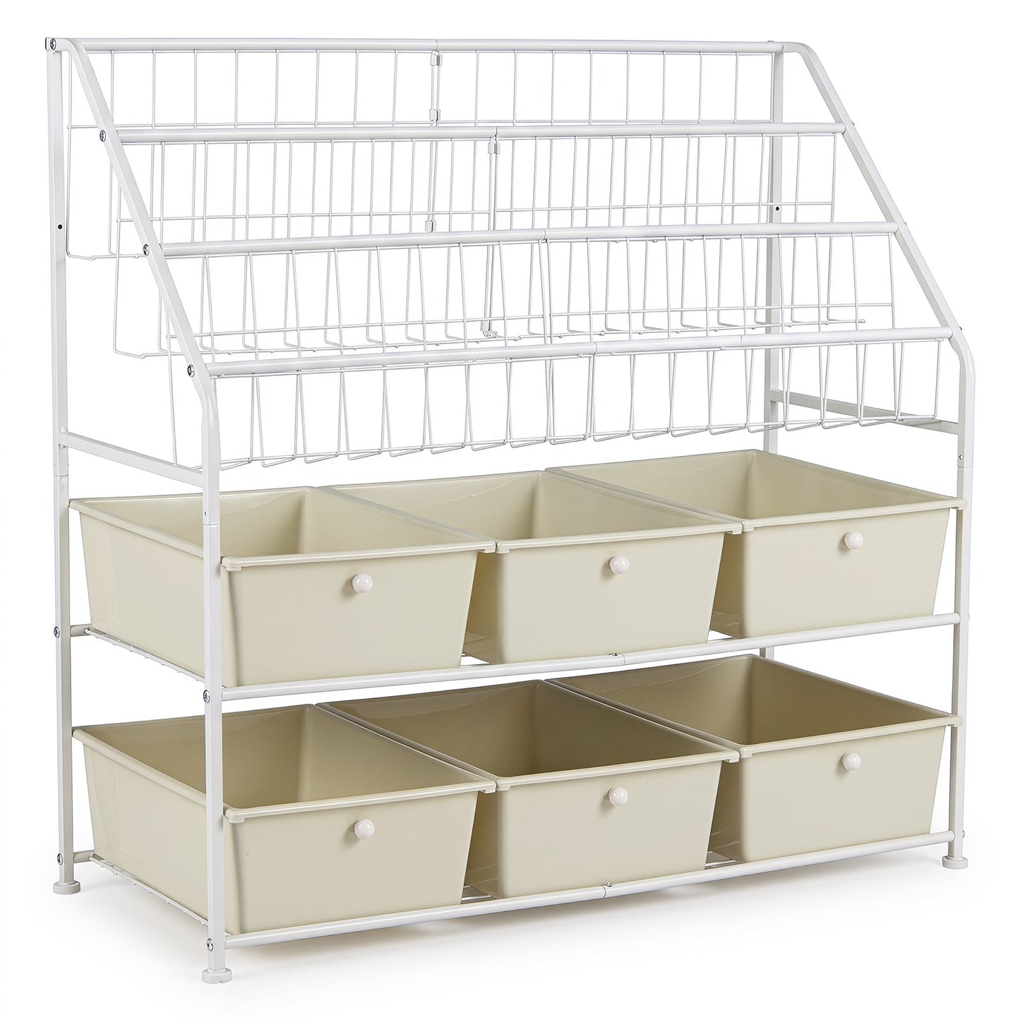 5-Tier Metal Rack Shelf with 6 Removable Drawers and 3 Baskets for Playroom-White