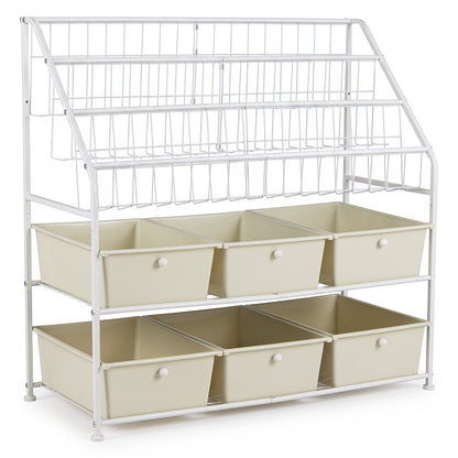 5-Tier Metal Rack Shelf with 6 Removable Drawers and 3 Baskets for Playroom-White