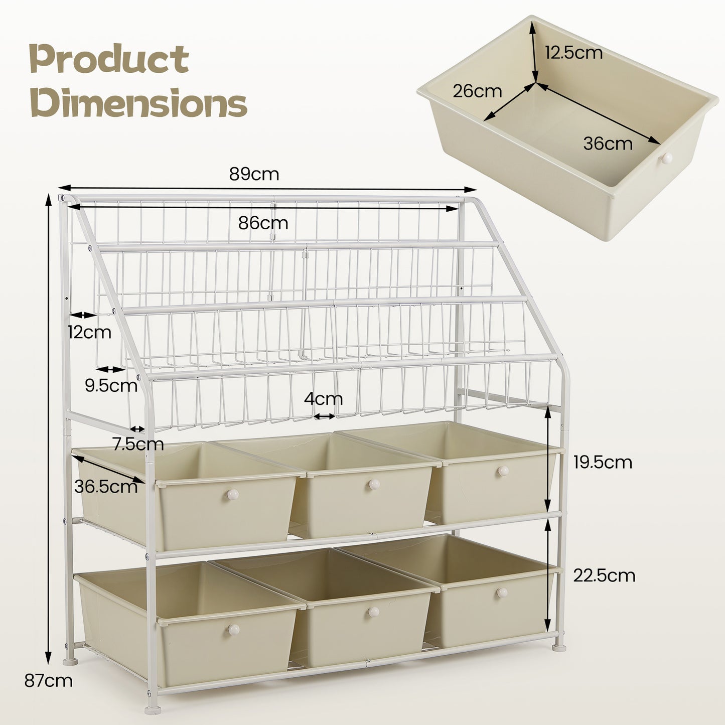 5-Tier Metal Rack Shelf with 6 Removable Drawers and 3 Baskets for Playroom-White