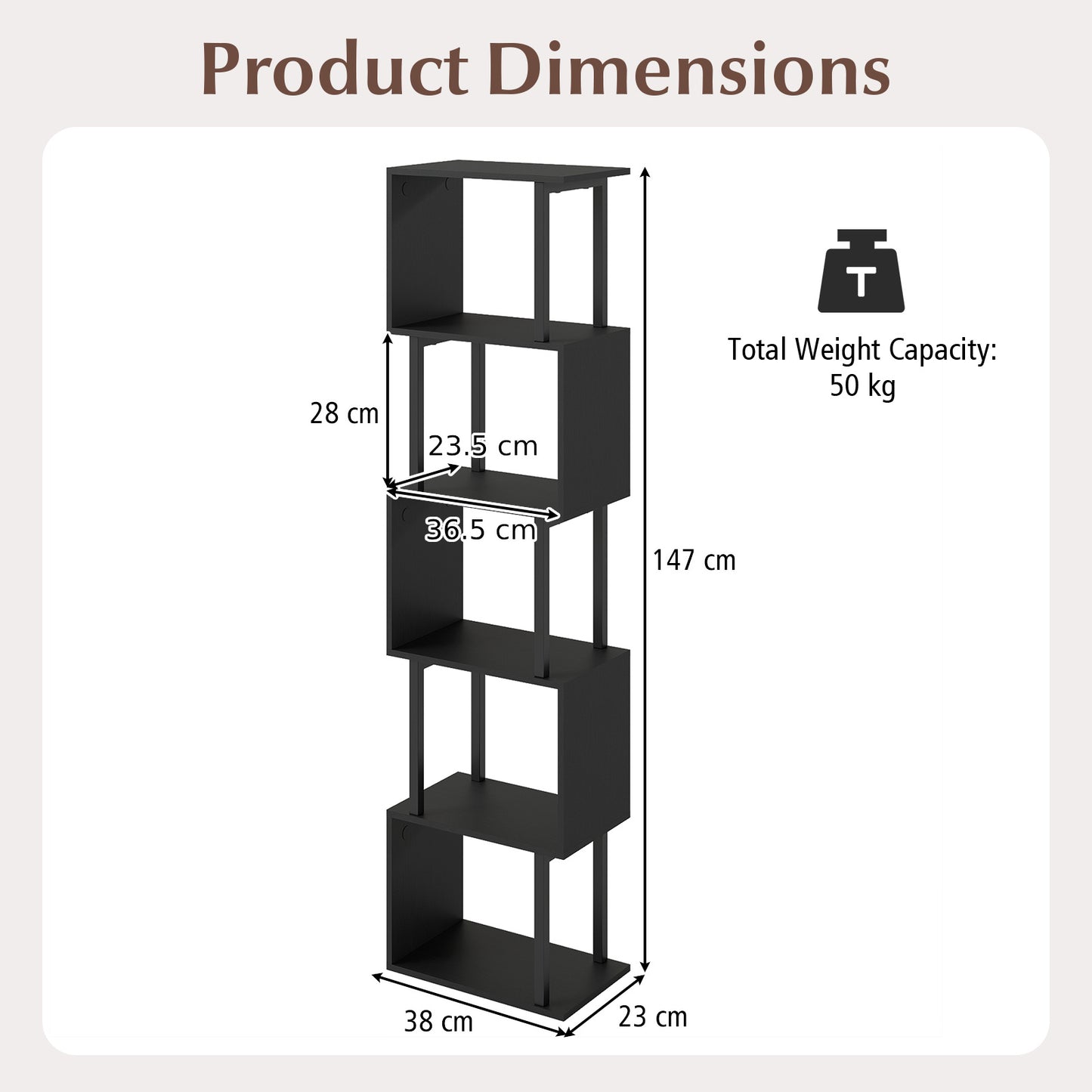 5-Tier Modern Bookshelf with Metal Frame for Home Office-Black