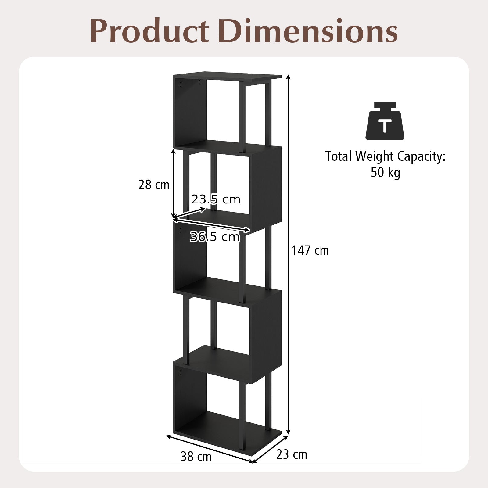 5-Tier Modern Bookshelf with Metal Frame for Home Office-Black