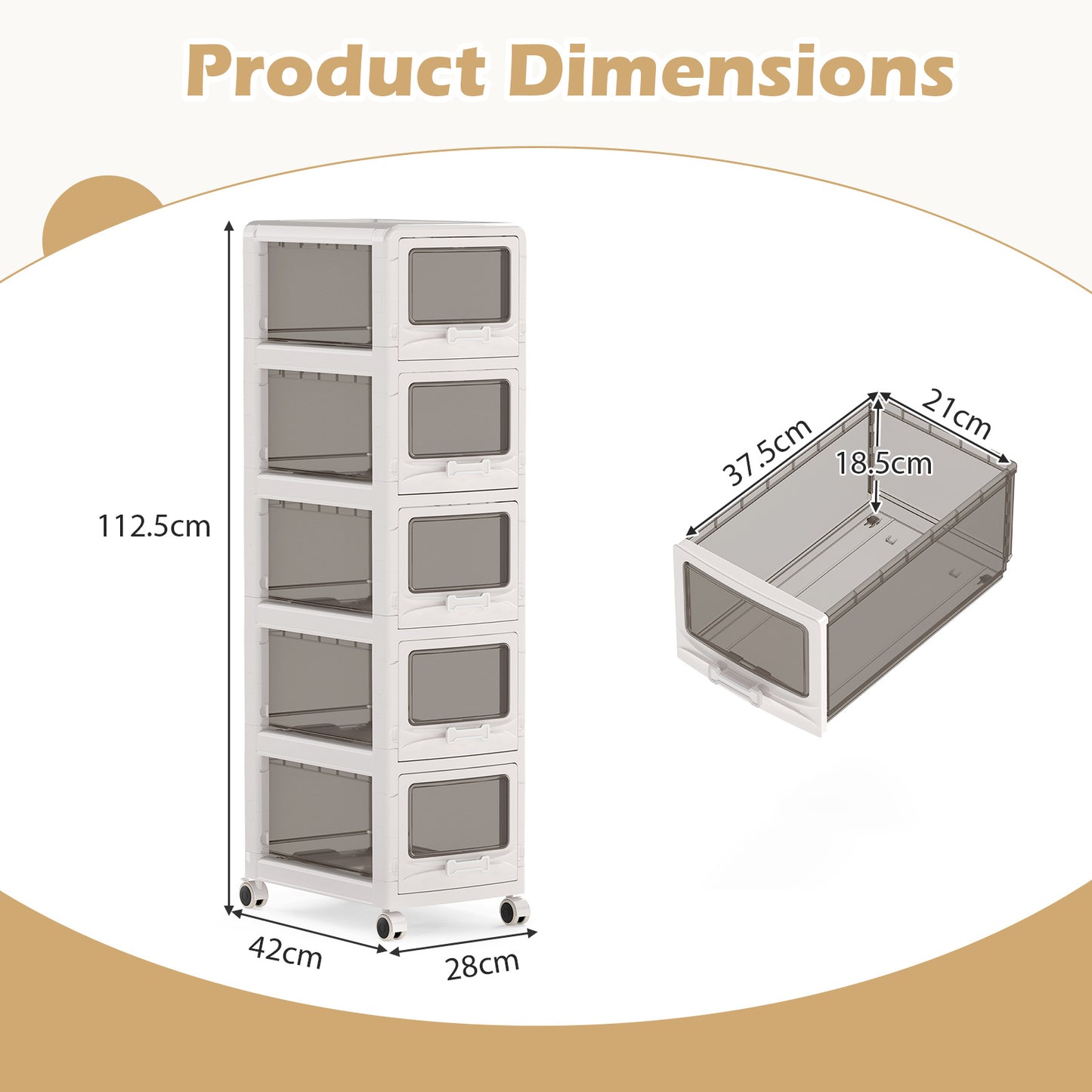 5-Tier Plastic Drawer Storage Organizer Rolling Cart with 5 Drawers