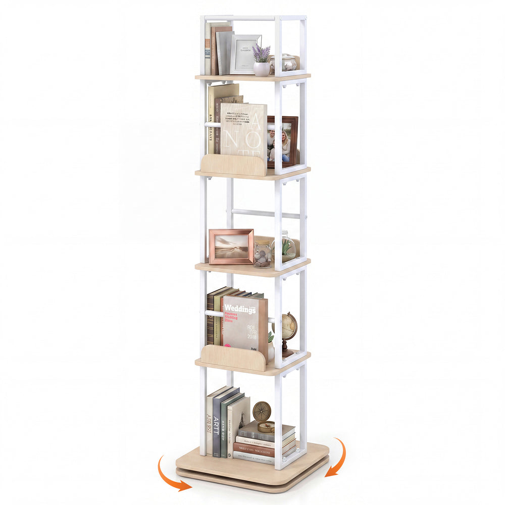 5-Tier Rotating Bookshelf Tower with 360° Spin & Side Rails for Small Spaces-Oak