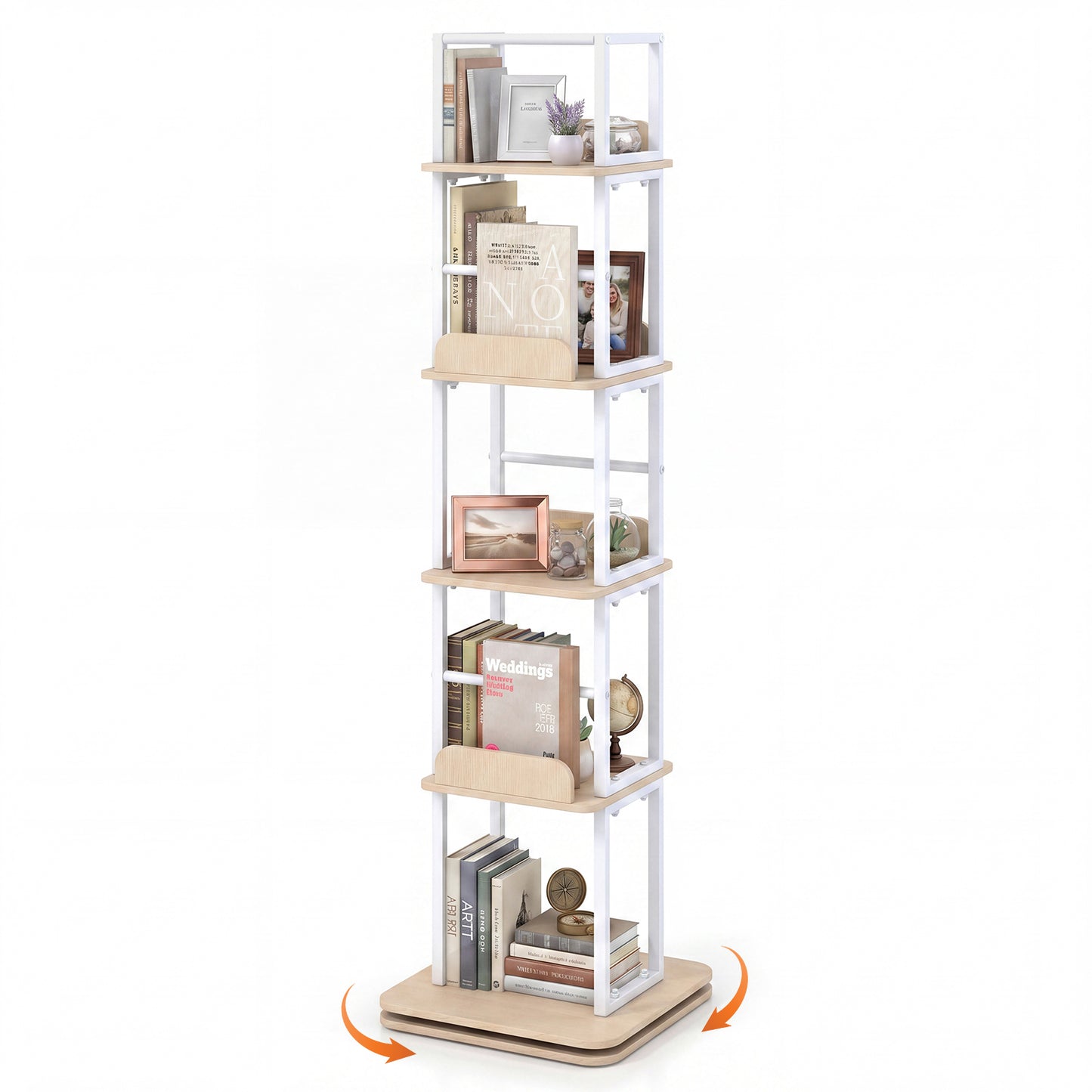 5-Tier Rotating Bookshelf Tower with 360° Spin & Side Rails for Small Spaces-Oak