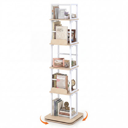 5-Tier Rotating Bookshelf Tower with 360° Spin & Side Rails for Small Spaces-Oak