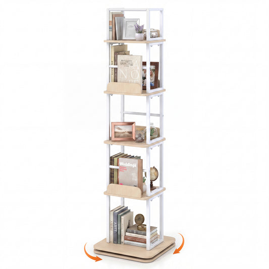 5-Tier Rotating Bookshelf Tower with 360° Spin & Side Rails for Small Spaces-Oak