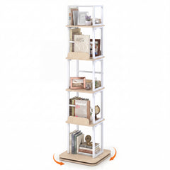 5-Tier Rotating Bookshelf Tower with 360° Spin & Side Rails for Small Spaces-Oak