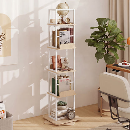 5-Tier Rotating Bookshelf Tower with 360° Spin & Side Rails for Small Spaces-Oak