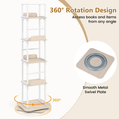 5-Tier Rotating Bookshelf Tower with 360° Spin & Side Rails for Small Spaces-Oak