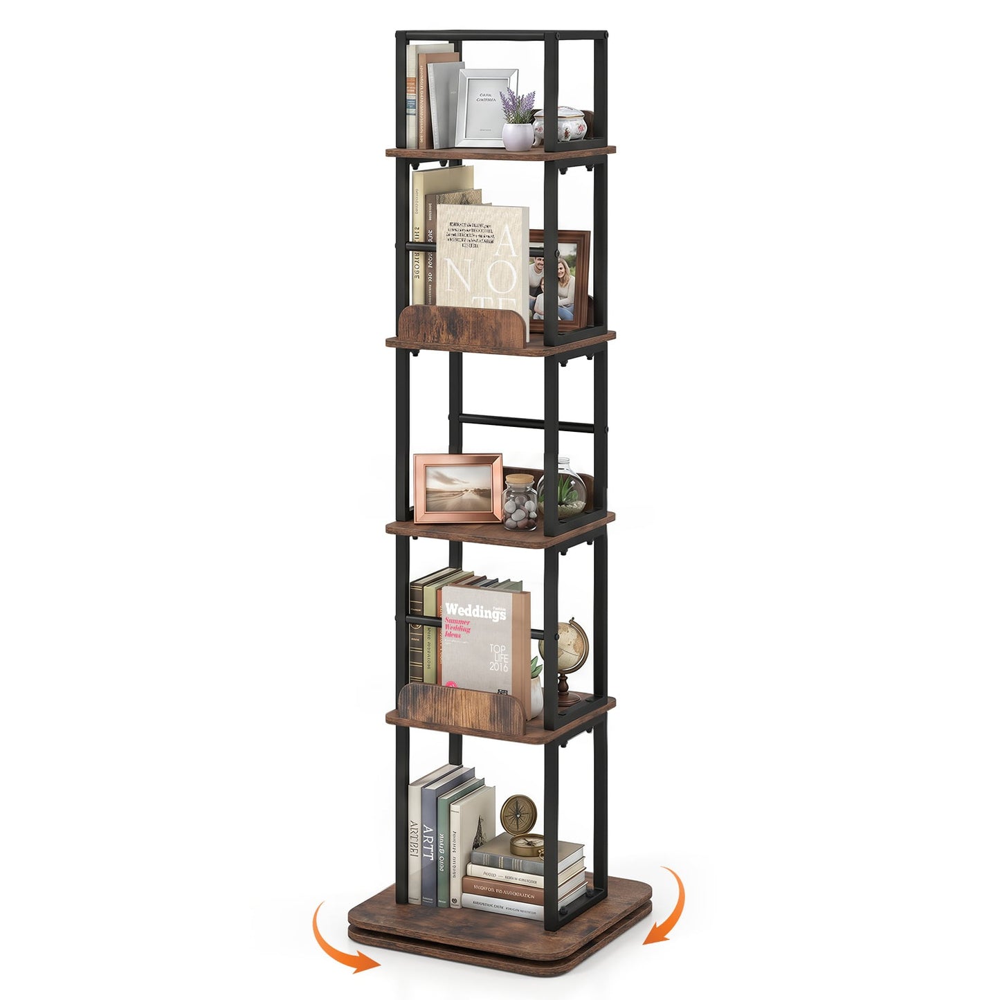 5-Tier Rotating Bookshelf Tower with 360° Spin & Side Rails for Small Spaces-Rustic Brown