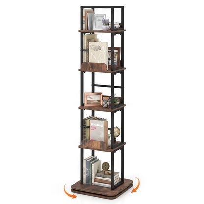 5-Tier Rotating Bookshelf Tower with 360° Spin & Side Rails for Small Spaces-Rustic Brown