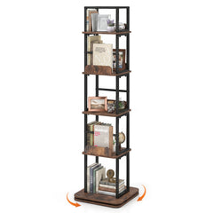 5-Tier Rotating Bookshelf Tower with 360° Spin & Side Rails for Small Spaces-Rustic Brown