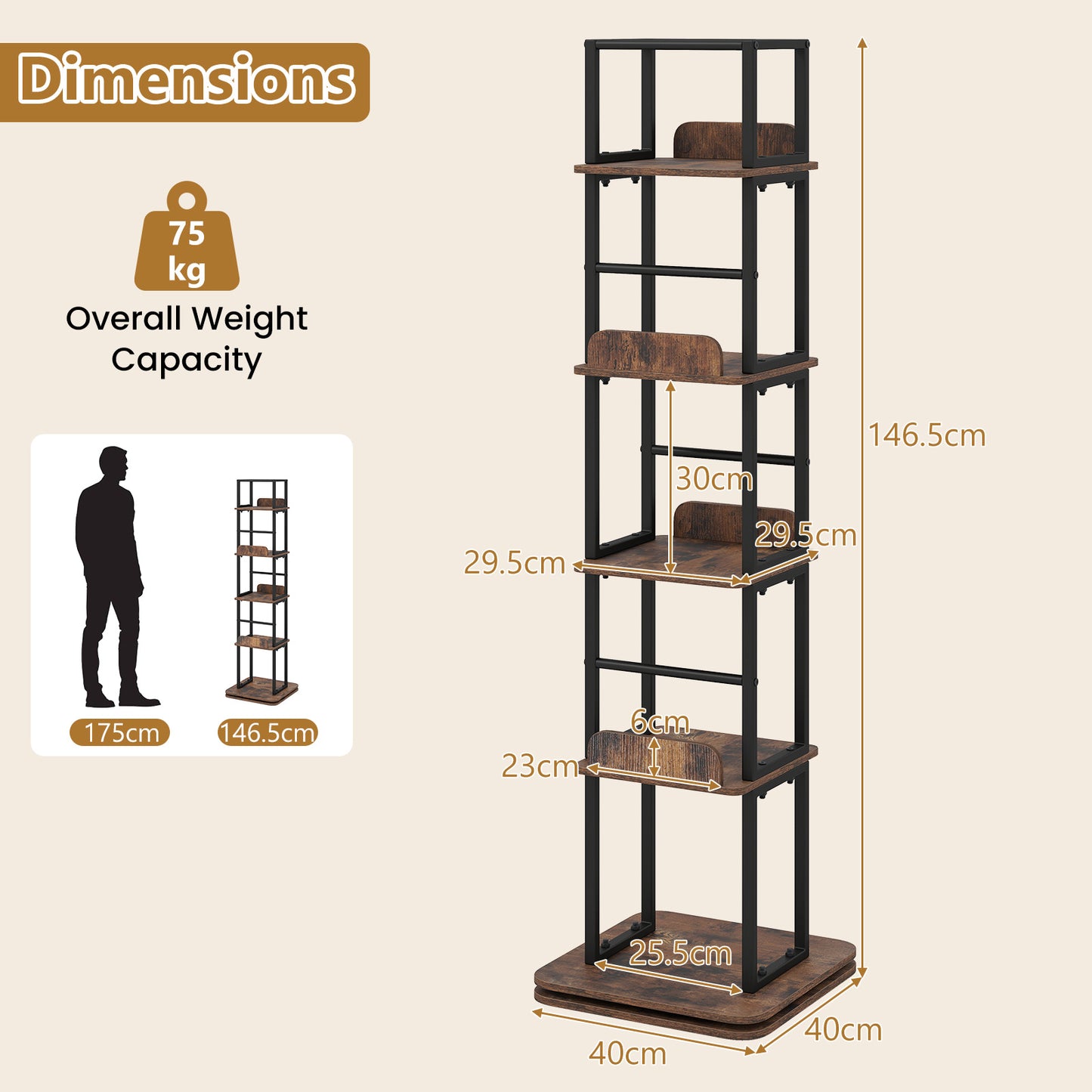 5-Tier Rotating Bookshelf Tower with 360° Spin & Side Rails for Small Spaces-Rustic Brown