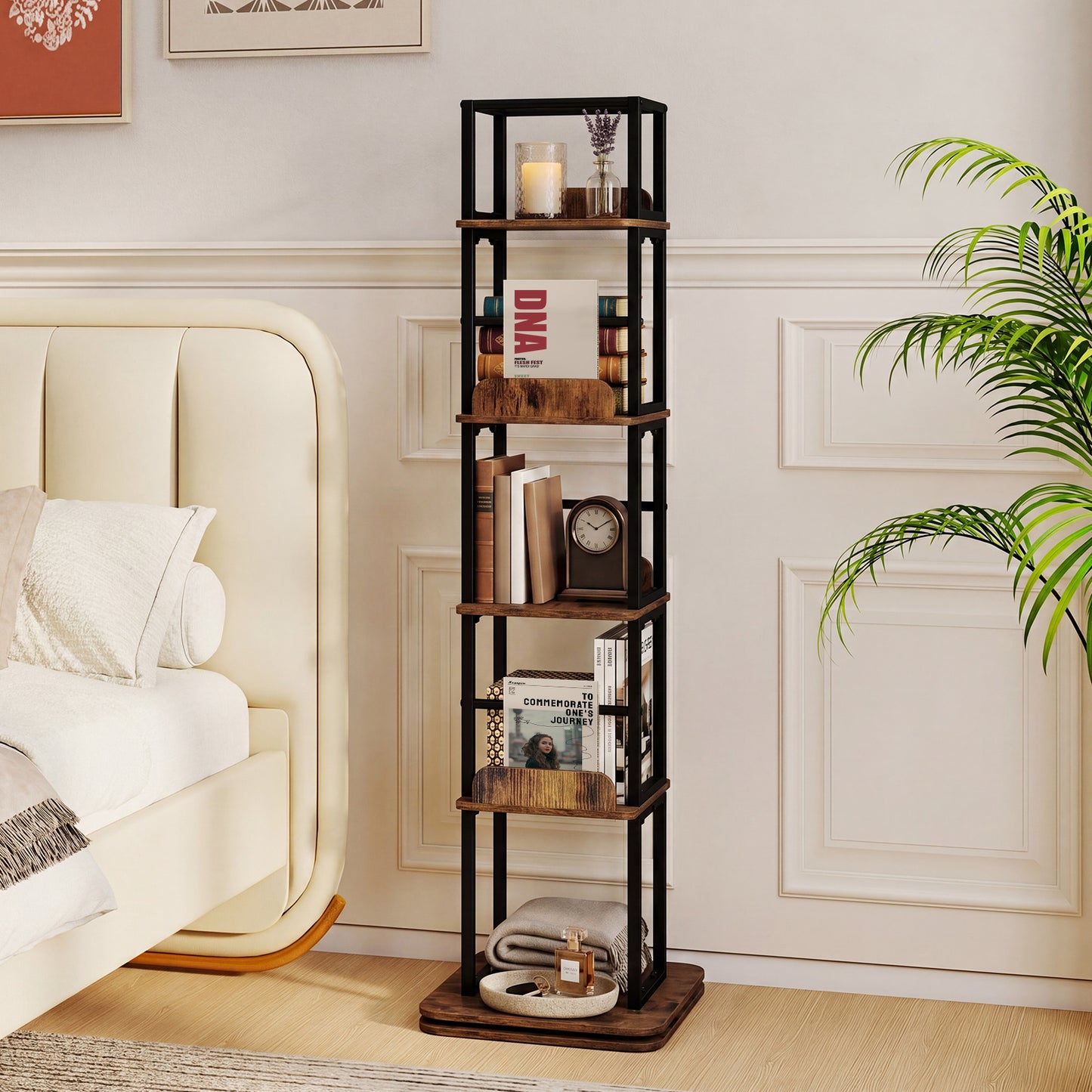 5-Tier Rotating Bookshelf Tower with 360° Spin & Side Rails for Small Spaces-Rustic Brown