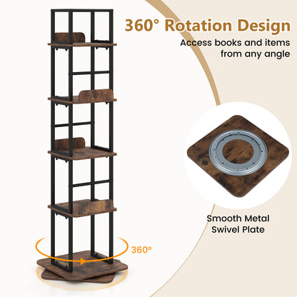 5-Tier Rotating Bookshelf Tower with 360° Spin & Side Rails for Small Spaces-Rustic Brown