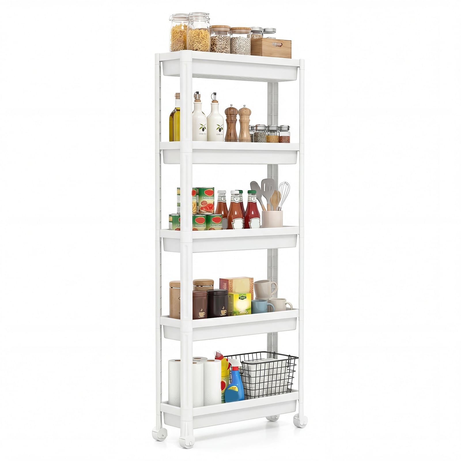 5-Tier Slim Rolling Storage Cart with Smooth Wheels for Kitchen-White