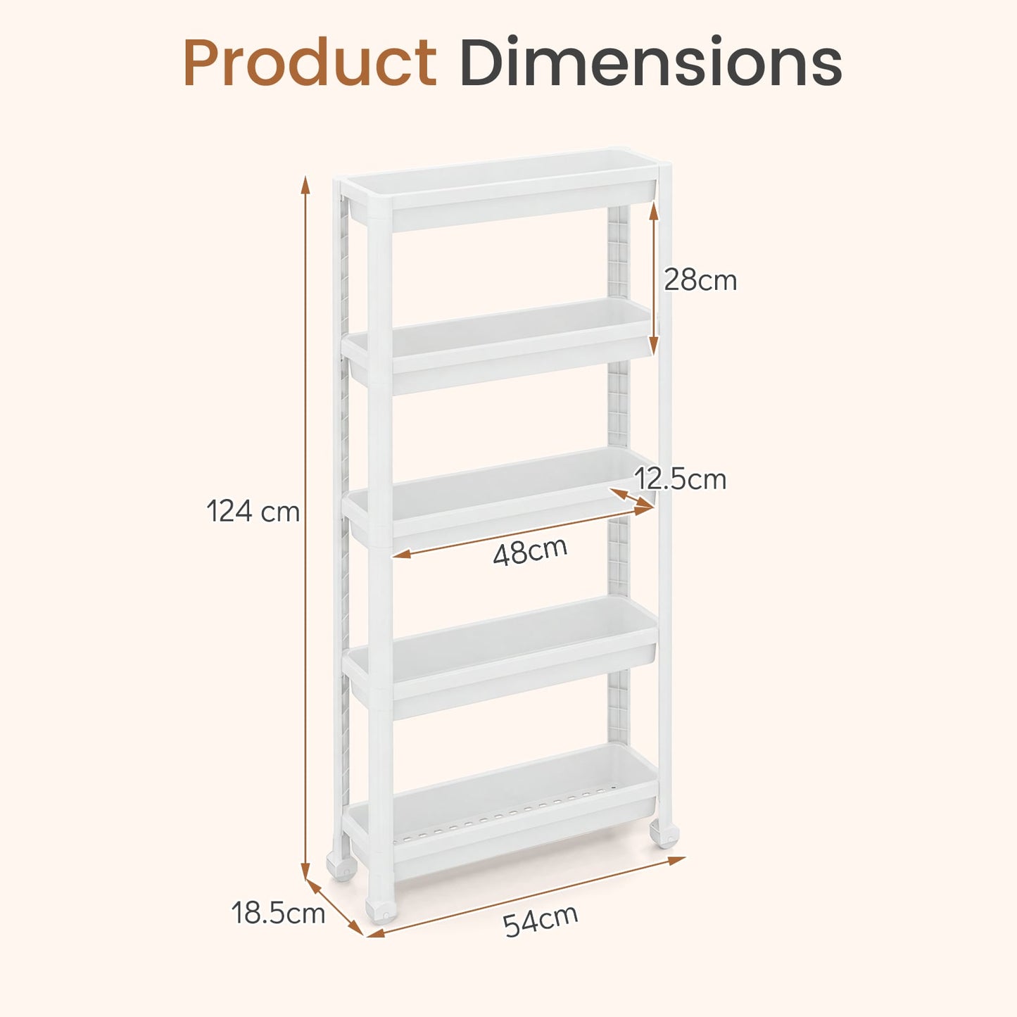 5-Tier Slim Rolling Storage Cart with Smooth Wheels for Kitchen-White