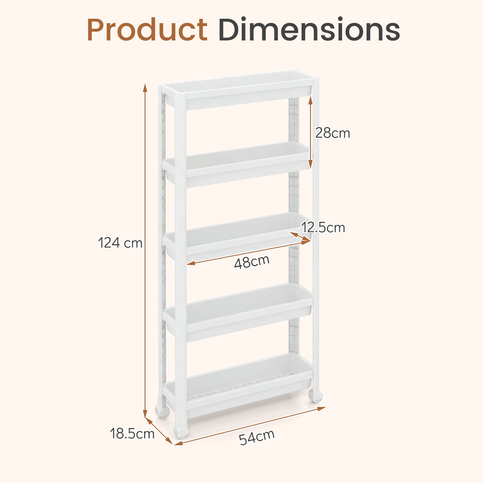 5-Tier Slim Rolling Storage Cart with Smooth Wheels for Kitchen-White