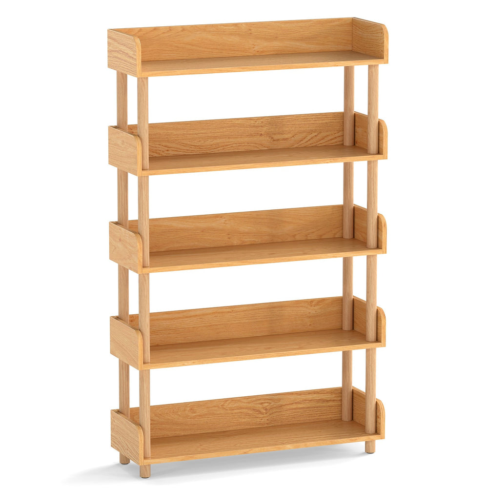 5-Tier Wooden Bookshelf with Sturdy Pine Wood Posts and Elevated Guardrails for Living Room-Natrual