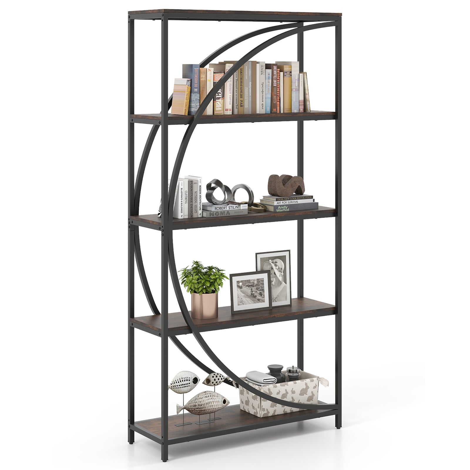 5-Tier Industrial Etagere Bookshelf with Open Storage Shelves and Arc-Shaped Design-Rustic Brown