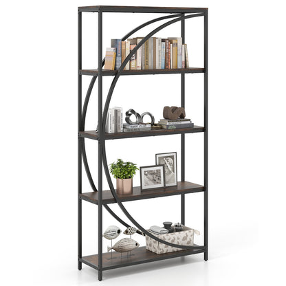 5-Tier Industrial Etagere Bookshelf with Open Storage Shelves and Arc-Shaped Design-Rustic Brown