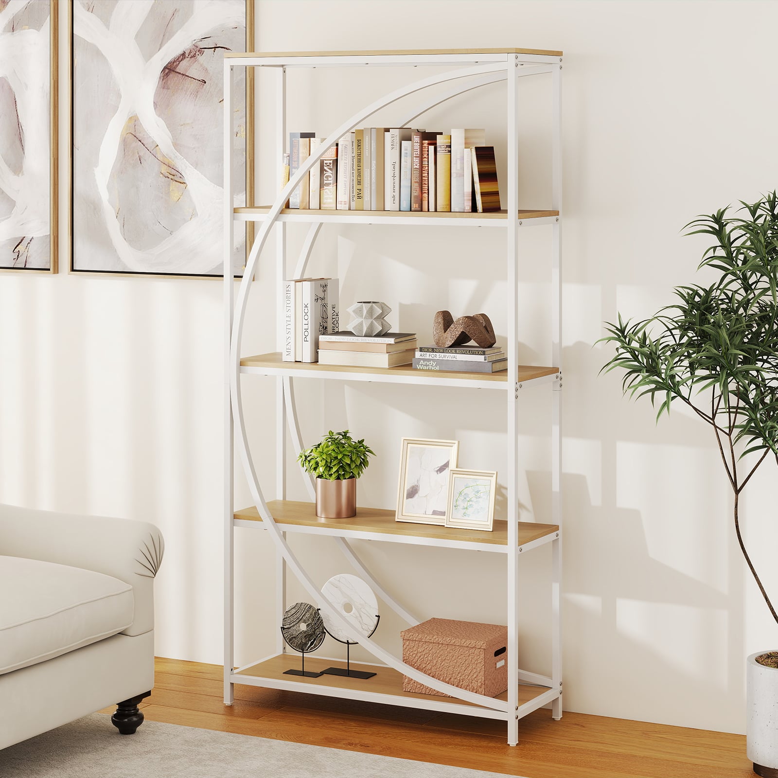 5-Tier Industrial Etagere Bookshelf with Open Storage Shelves and Arc-Shaped Design-Natural