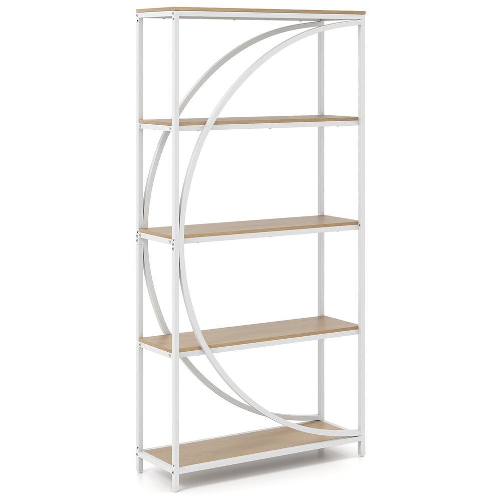 5-Tier Industrial Etagere Bookshelf with Open Storage Shelves and Arc-Shaped Design-Natural
