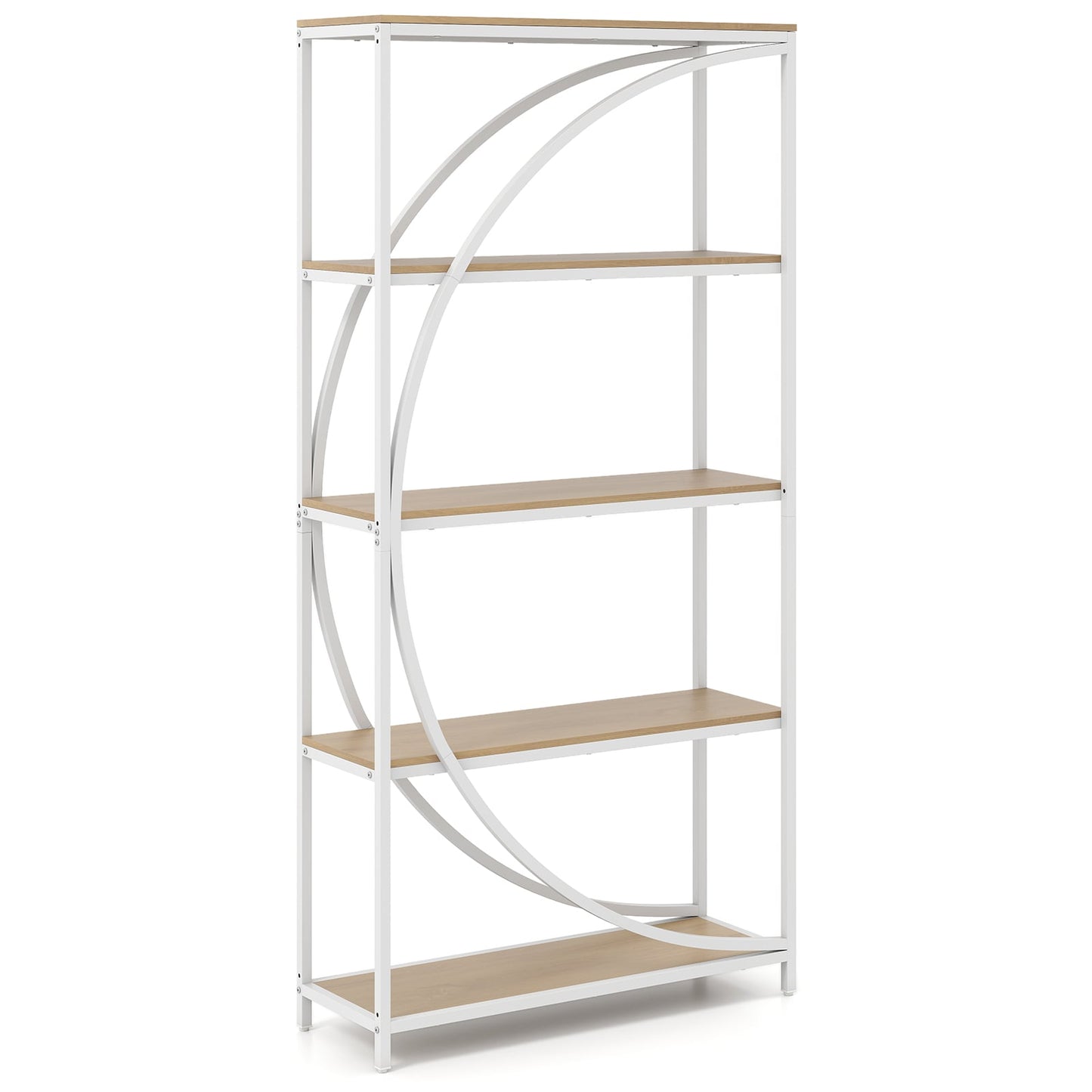 5-Tier Industrial Etagere Bookshelf with Open Storage Shelves and Arc-Shaped Design-Natural