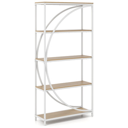 5-Tier Industrial Etagere Bookshelf with Open Storage Shelves and Arc-Shaped Design-Natural