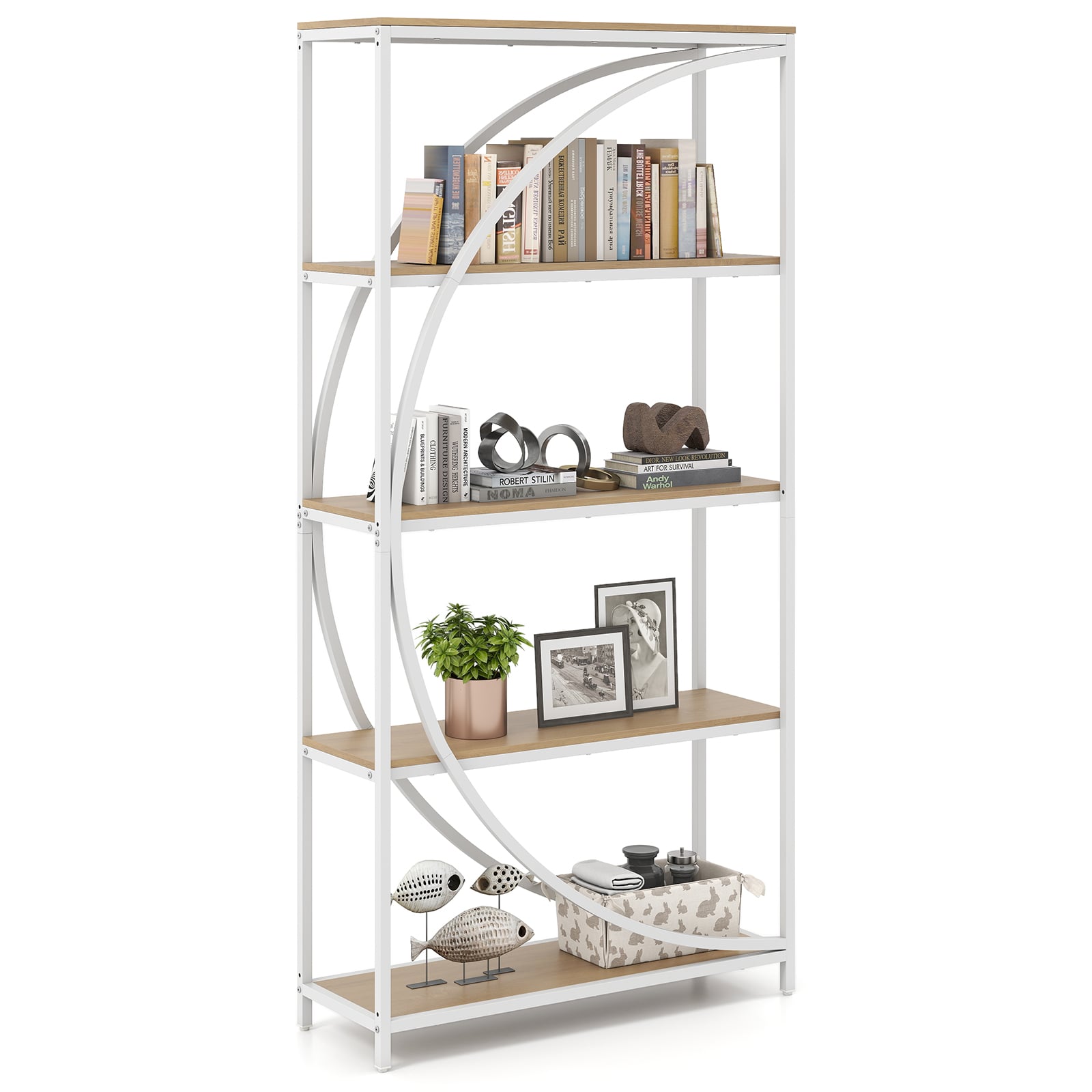 5-Tier Industrial Etagere Bookshelf with Open Storage Shelves and Arc-Shaped Design-Natural