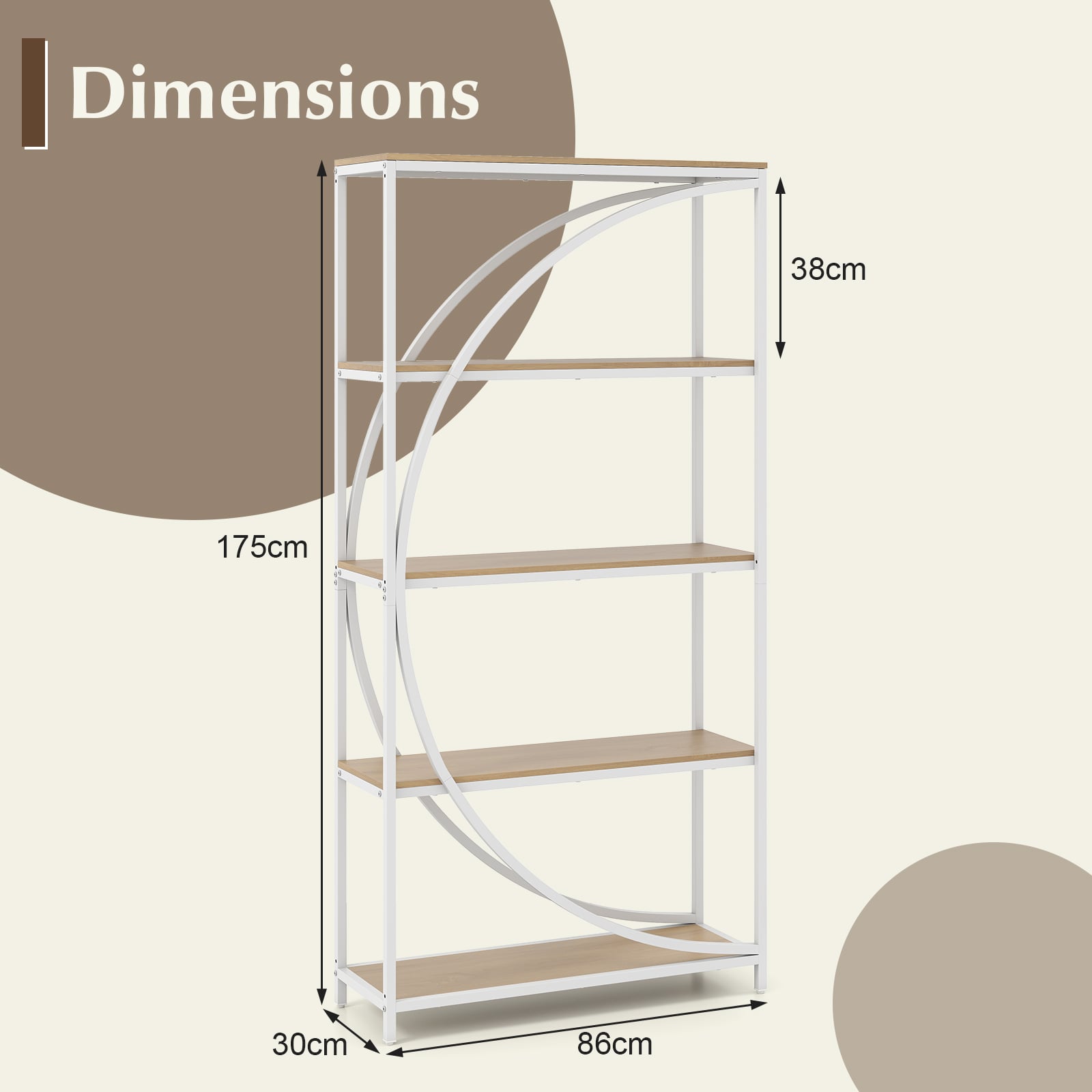 5-Tier Industrial Etagere Bookshelf with Open Storage Shelves and Arc-Shaped Design-Natural
