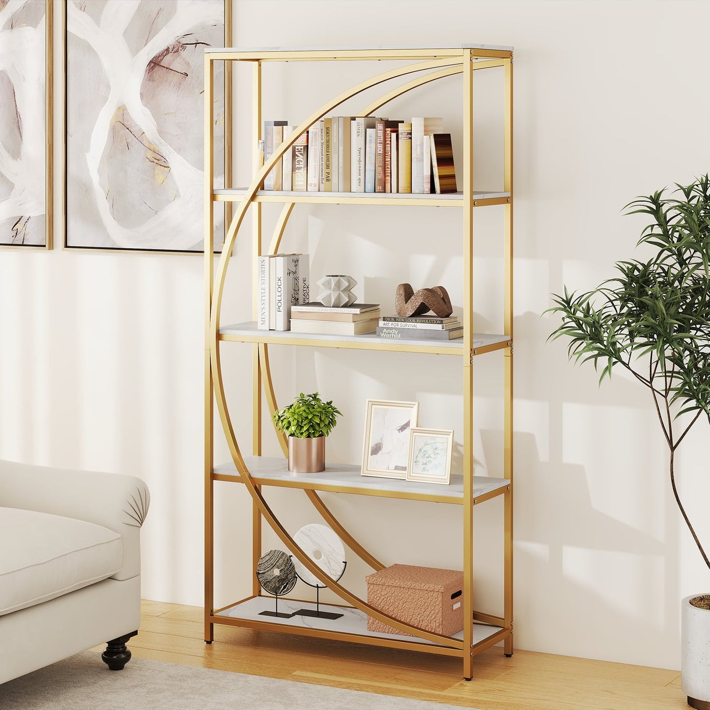 5-Tier Industrial Etagere Bookshelf with Open Storage Shelves and Arc-Shaped Design-White
