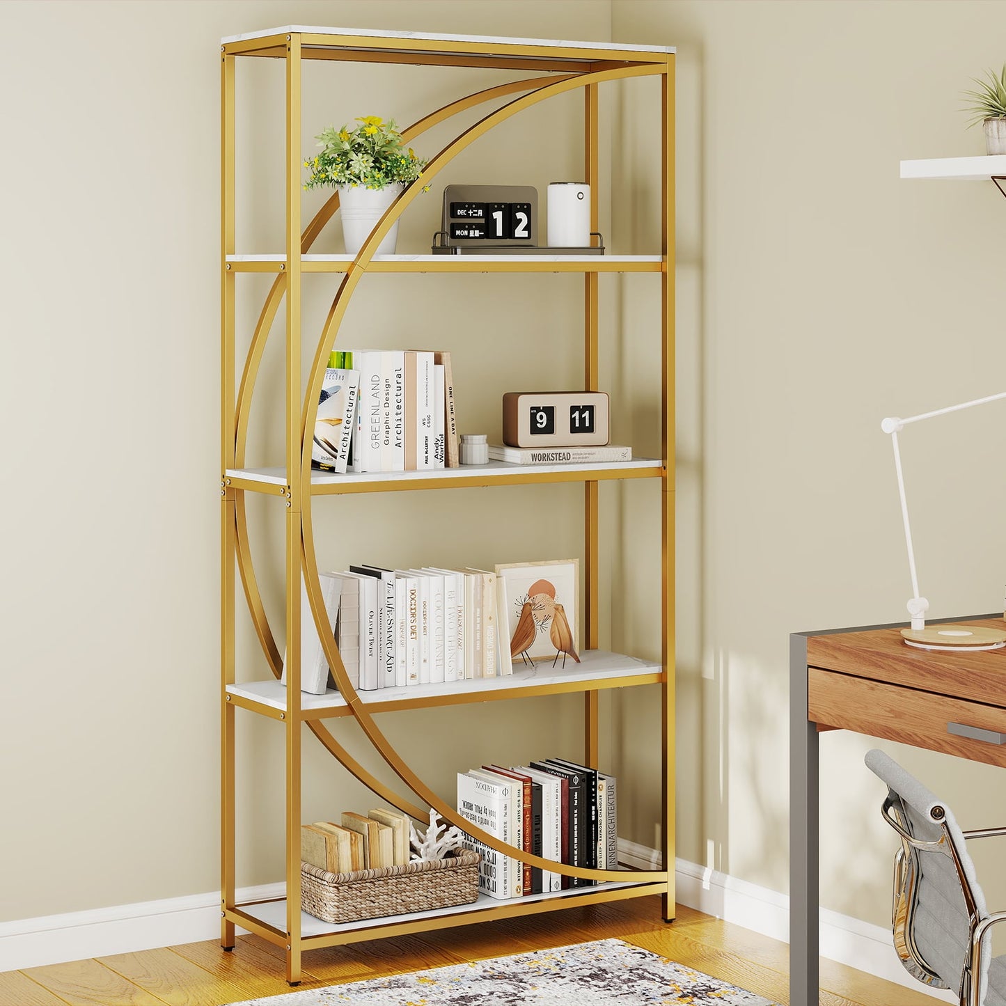 5-Tier Industrial Etagere Bookshelf with Open Storage Shelves and Arc-Shaped Design-White