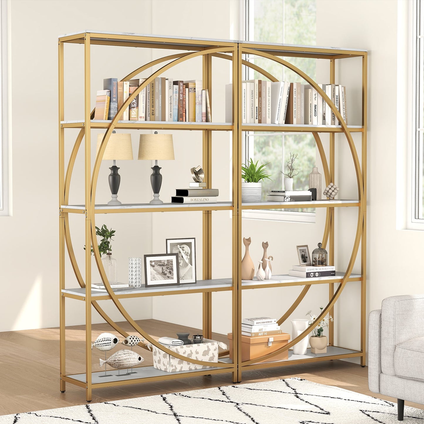 5-Tier Industrial Etagere Bookshelf with Open Storage Shelves and Arc-Shaped Design-White