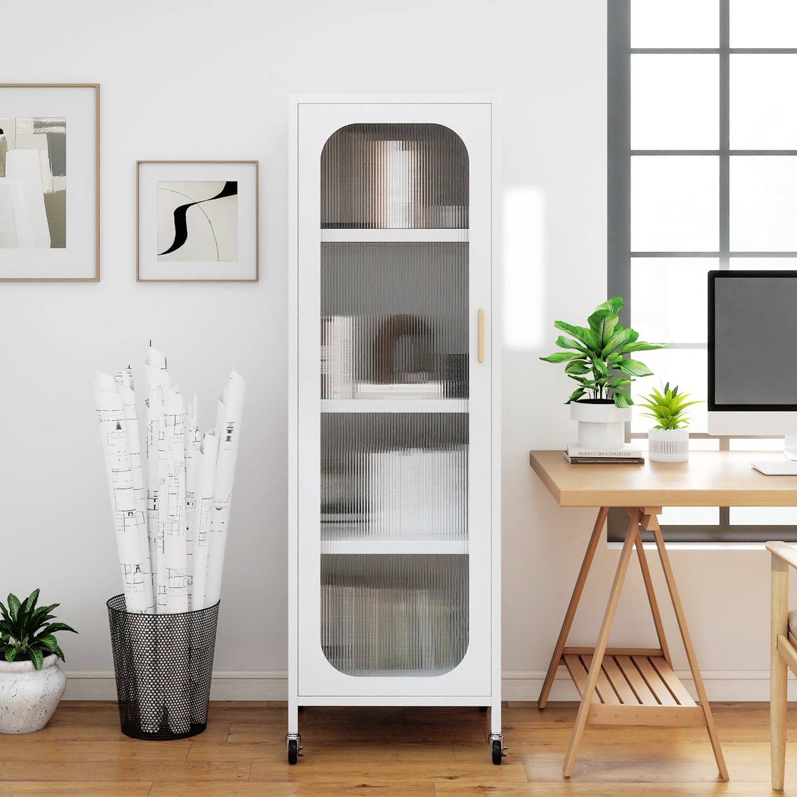 5-Tier Metal Storage Cabinet with Adjustable Shelves for Dining Room-White