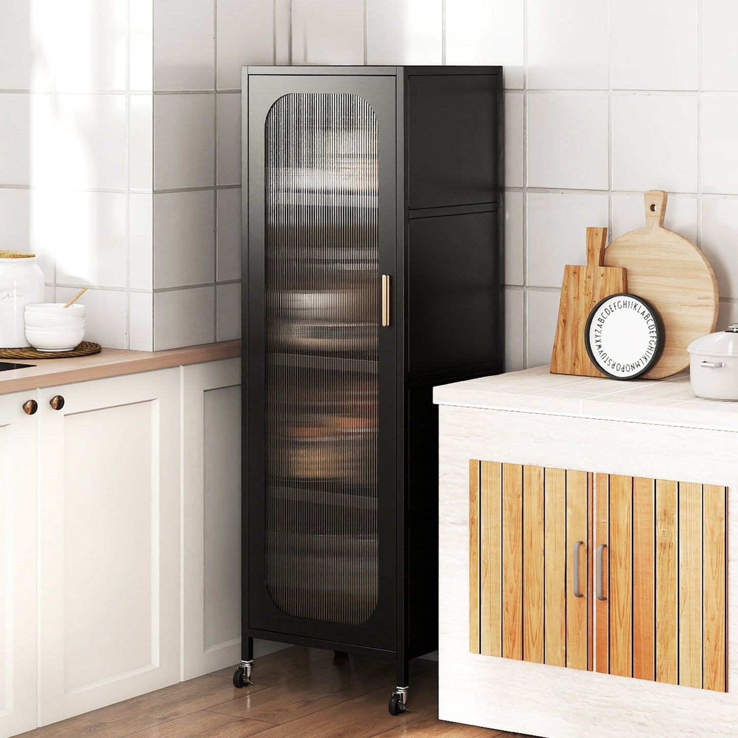 5-Tier Metal Storage Cabinet with Adjustable Shelves for Dining Room-Black