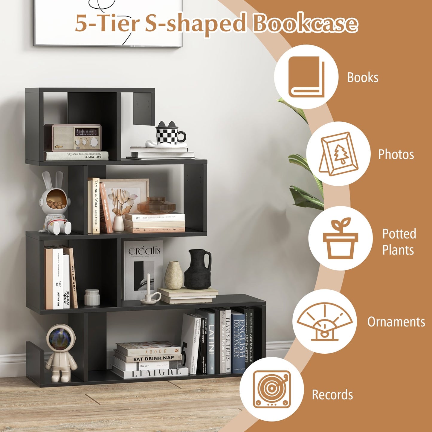 5-Tier S-Shaped Bookshelf with Open Cubes and Anti-Toppling Kits-Black