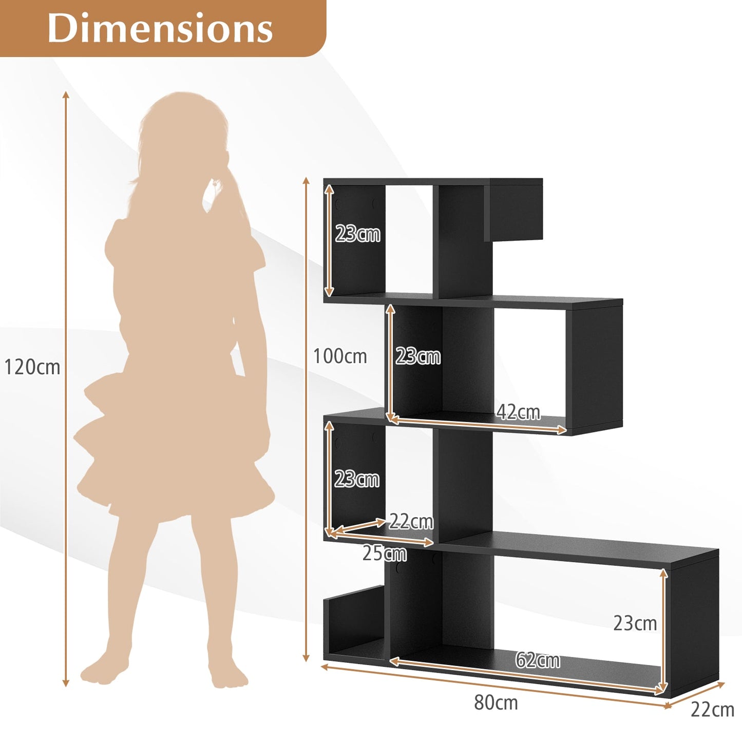 5-Tier S-Shaped Bookshelf with Open Cubes and Anti-Toppling Kits-Black