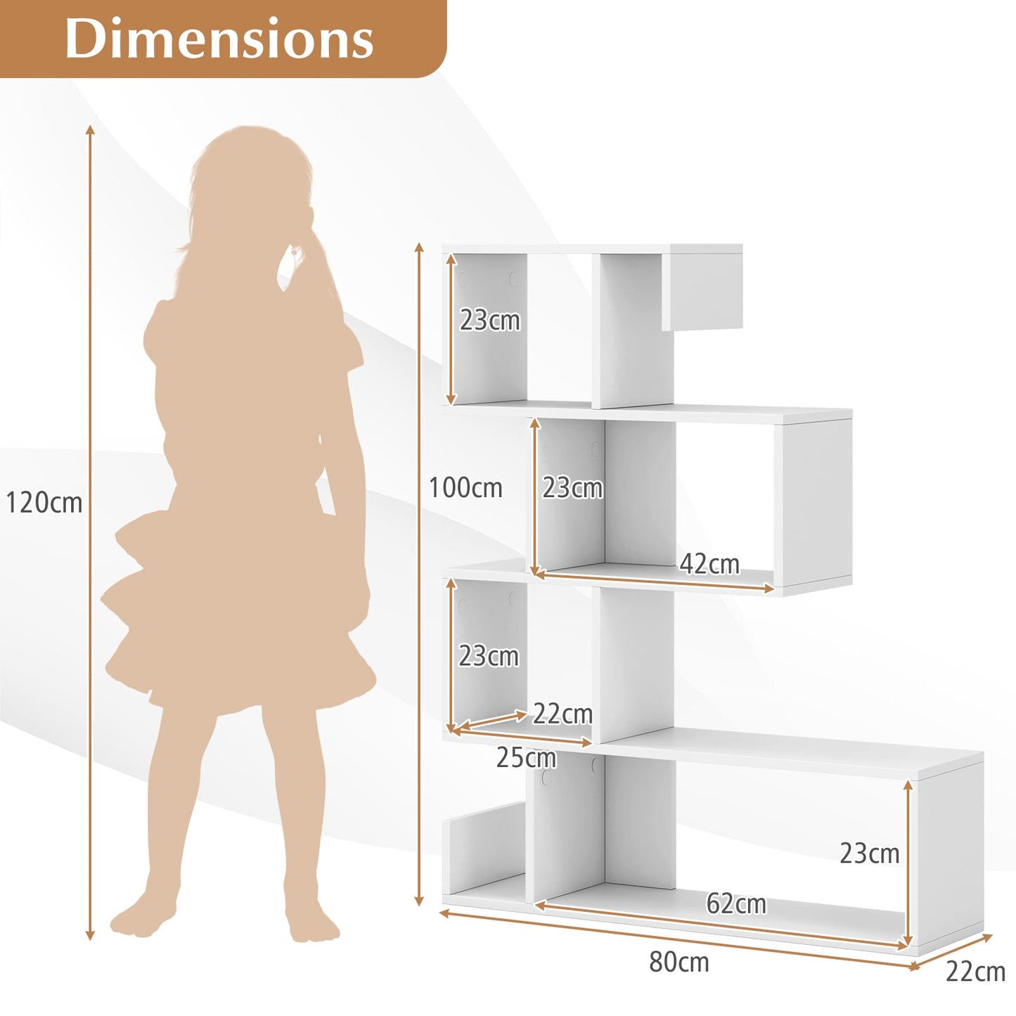 5-Tier S-Shaped Bookshelf with Open Cubes and Anti-Toppling Kits-White