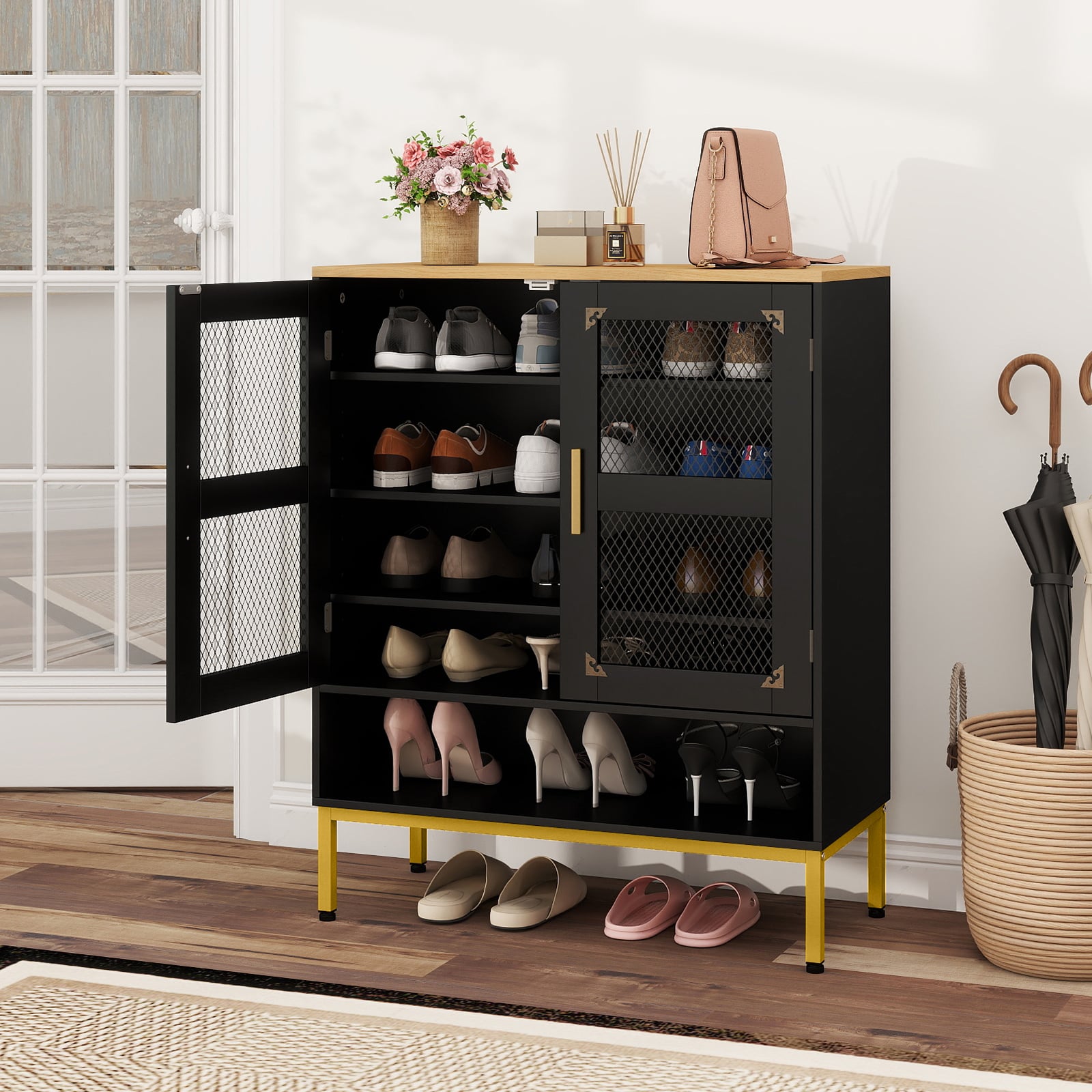 5-Tier Shoe Cabinet with Mesh Doors and Adjustable Shelves-Black