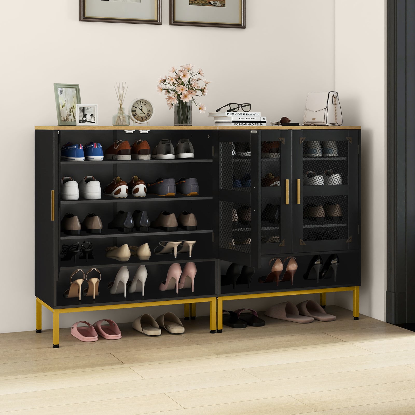 5-Tier Shoe Cabinet with Mesh Doors and Adjustable Shelves-Black