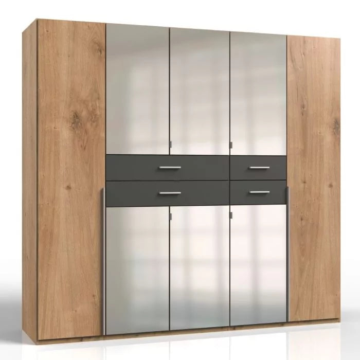 Wardrobe DENMARK 5 Door Mirrored Wardrobe Finish Oak and Graphite 225cm