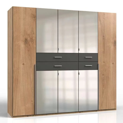 Wardrobe DENMARK 5 Door Mirrored Wardrobe Finish Oak and Graphite 225cm