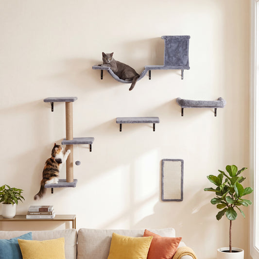 5-in-1 Cat Climbing Wall Set Padded Hanging Pet Furniture with 3-Level Cat Tree-Grey