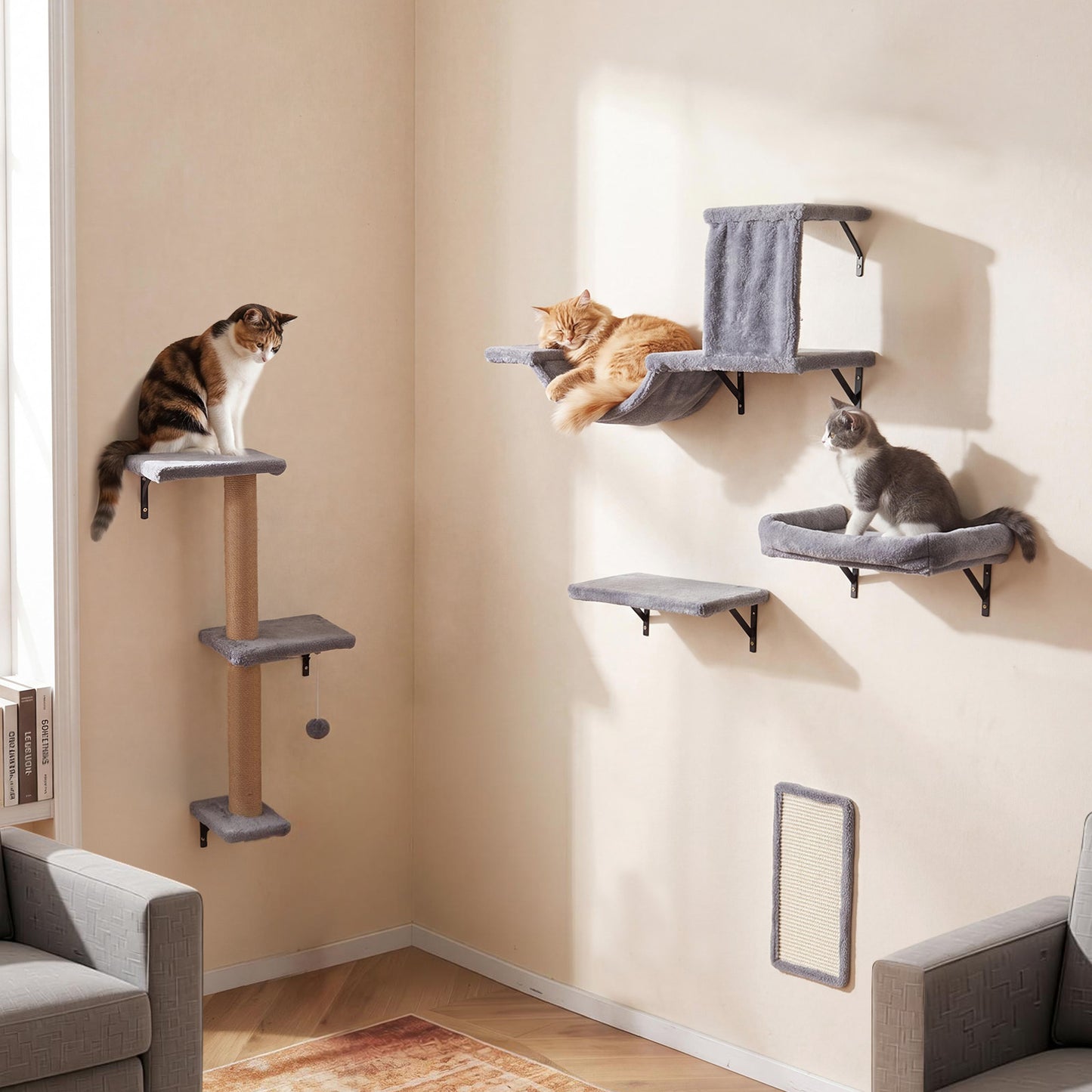 5-in-1 Cat Climbing Wall Set Padded Hanging Pet Furniture with 3-Level Cat Tree-Grey