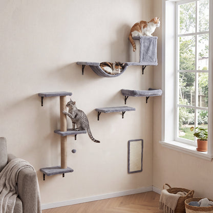 5-in-1 Cat Climbing Wall Set Padded Hanging Pet Furniture with 3-Level Cat Tree-Grey