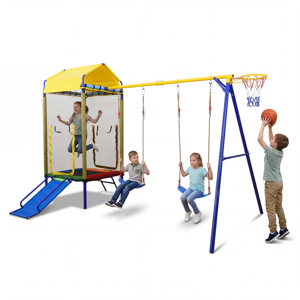 5-in-1 Kids Swing Set for Backyard Heavy-duty Metal Swing Stand with Trampoline-Yellow