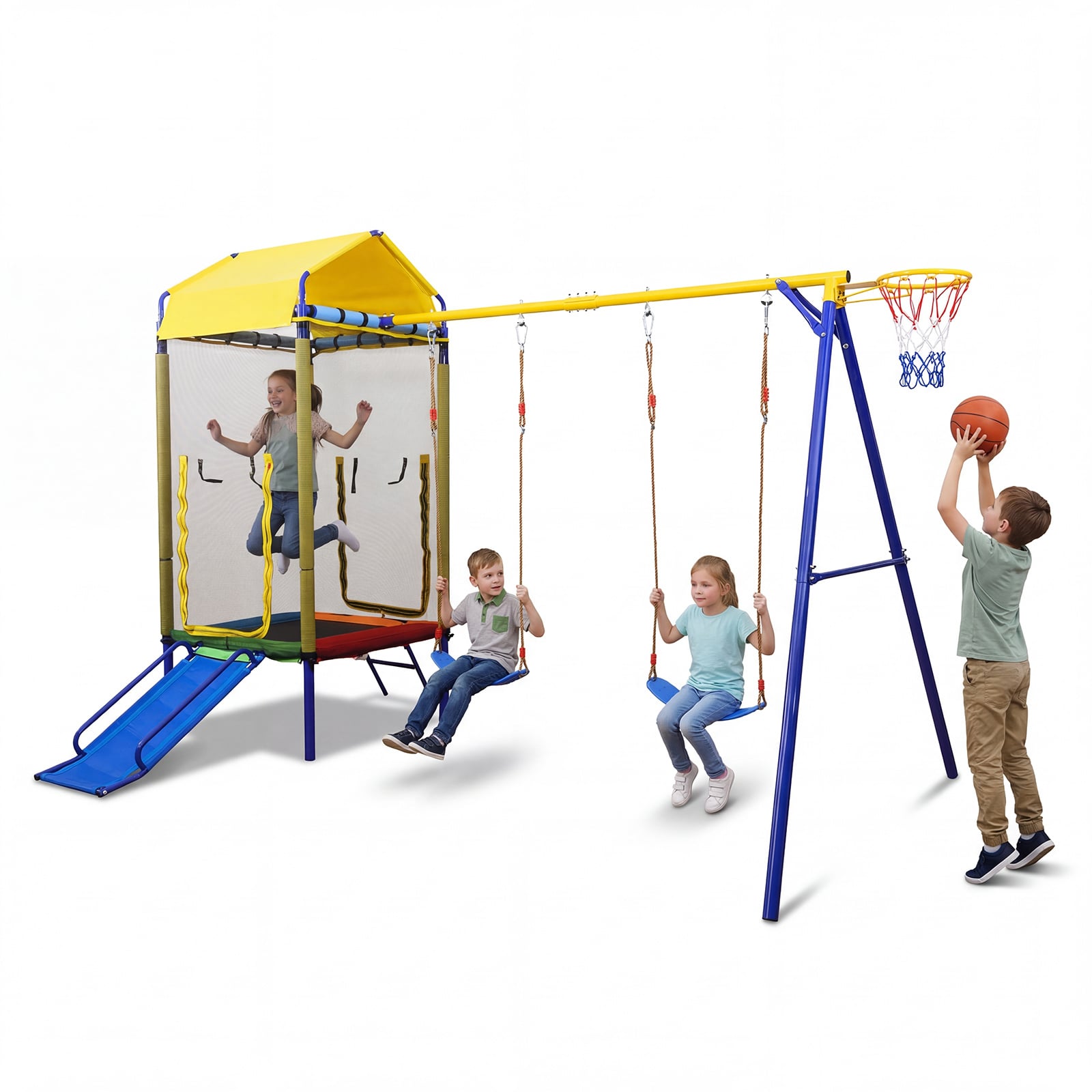 5-in-1 Kids Swing Set for Backyard Heavy-duty Metal Swing Stand with Trampoline-Yellow