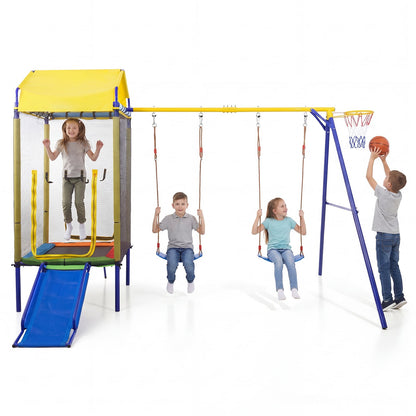 5-in-1 Kids Swing Set for Backyard Heavy-duty Metal Swing Stand with Trampoline-Yellow