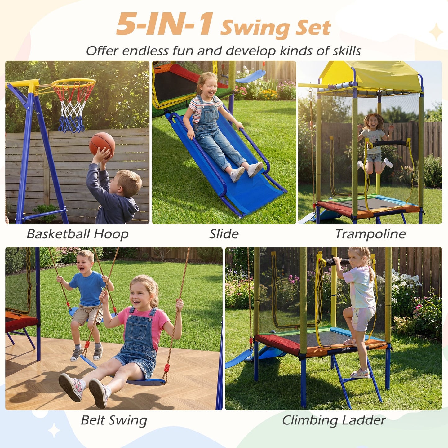 5-in-1 Kids Swing Set for Backyard Heavy-duty Metal Swing Stand with Trampoline-Yellow